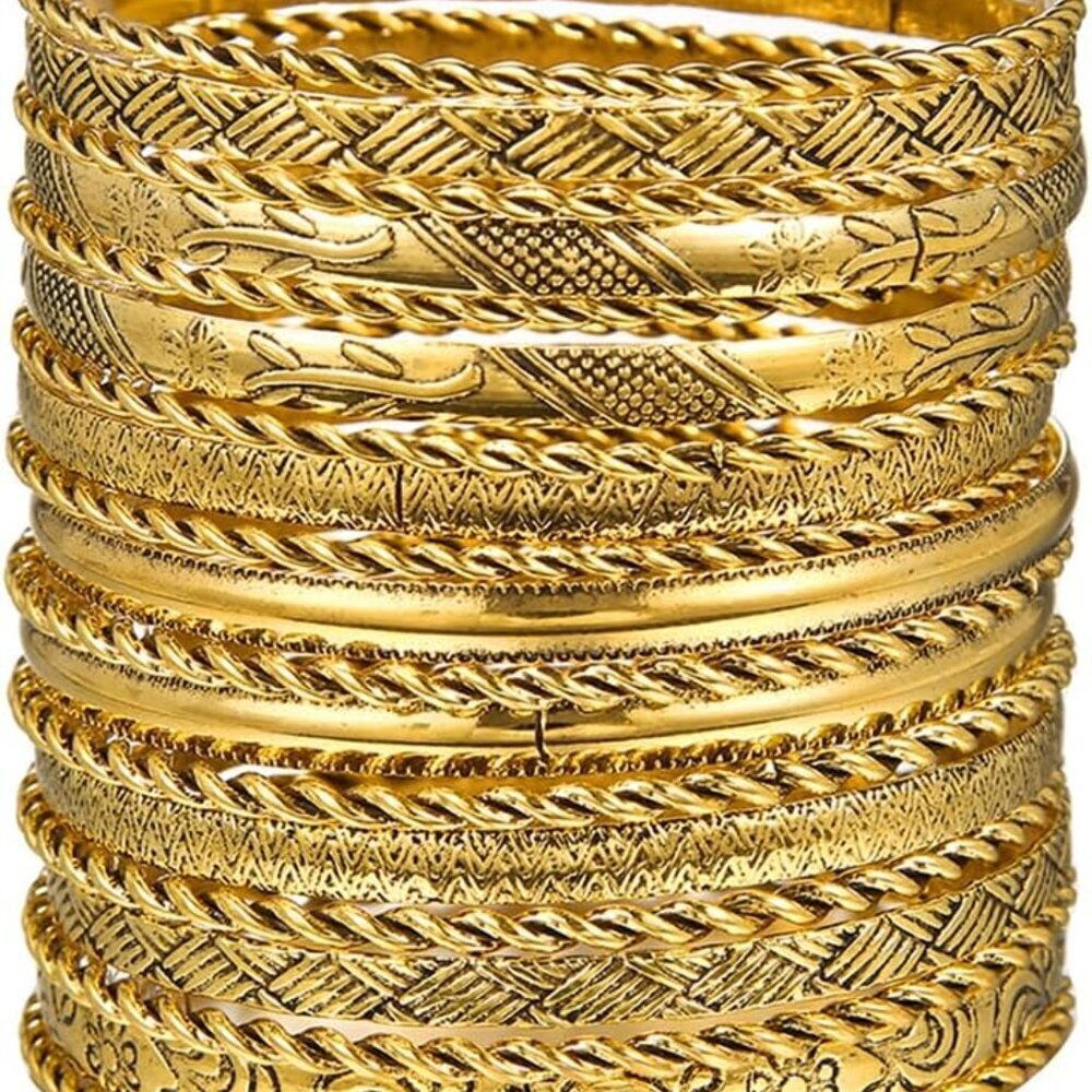Set of 19 Gold Stackable Boho Bangle Bracelets for Women, Eco-Friendly Zinc Mate